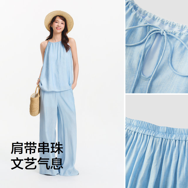 Semir suspender wide leg pants imitation linen texture suit for women