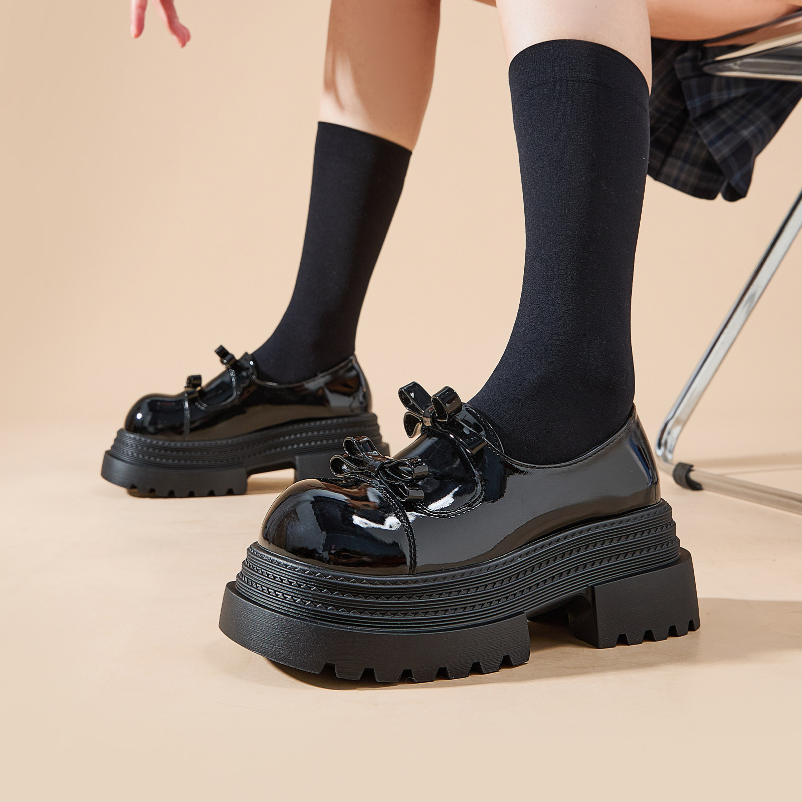 Semir黑色厚底玛丽珍鞋女2025新款秋冬季英伦风小个子增高小皮鞋,淘宝优惠券,粉丝福利购,淘宝优惠卷