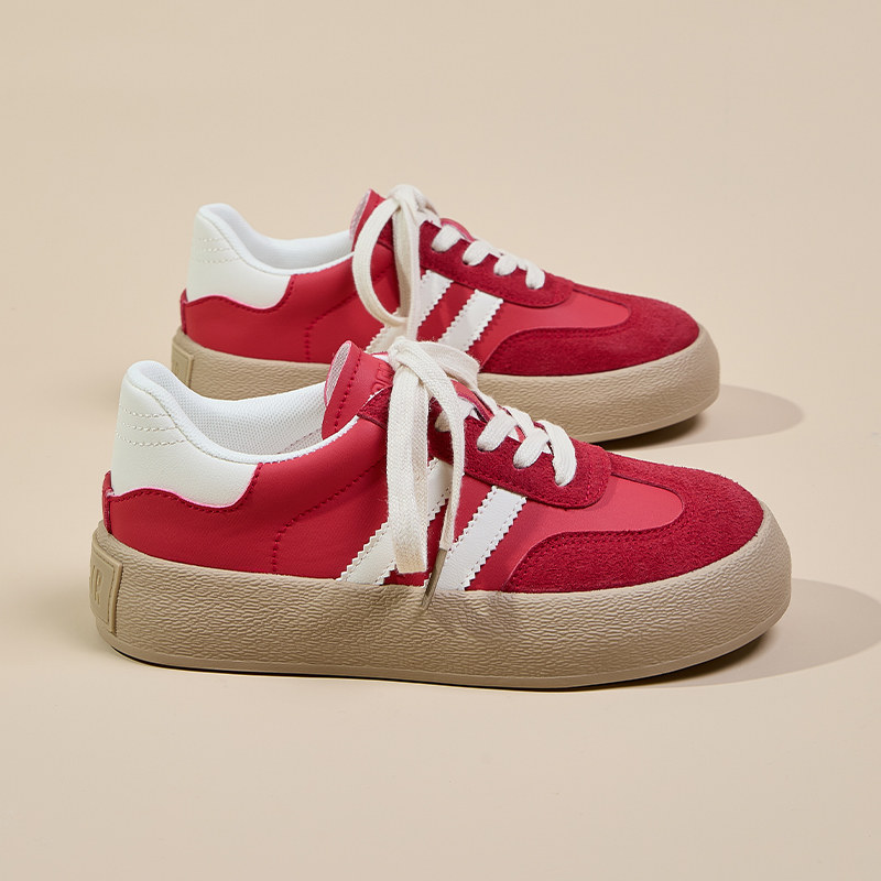 Semir女鞋红色德训鞋女款2025新款秋冬复古百搭厚底增高休闲板鞋,淘宝优惠券,粉丝福利购,淘宝优惠卷