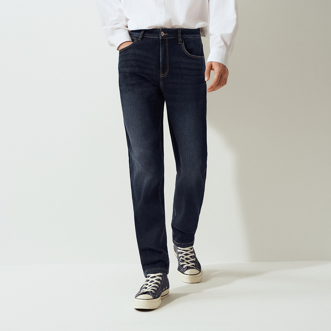 森柔|森马牛仔裤男冬季加绒弹力锥形裤2025新款猫须复古做旧长裤