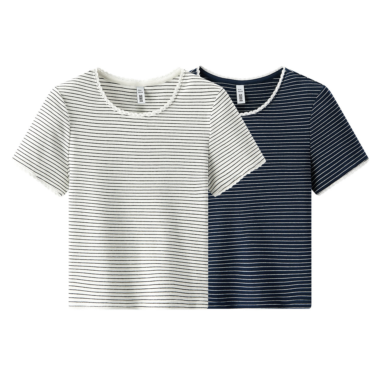 [商场同款]森马短袖T恤女短款蕾丝花边气质2025夏新款紧身条纹衫