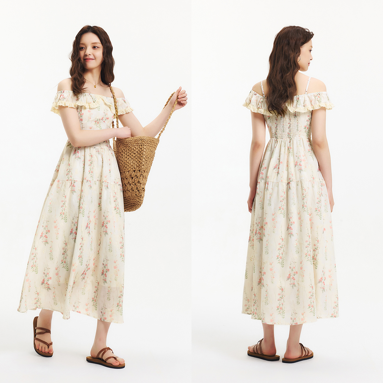 森马连衣裙女重工碎花田园风度假2025吊带裙浅春系Dress in light