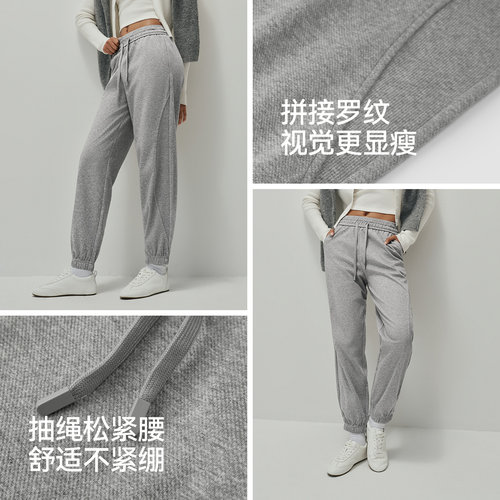 森马休闲裤女纯色松紧腰束脚卫裤女士潮流简约风秋季拼接长裤显瘦 - 图3