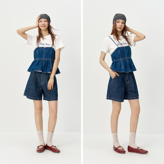 Semir letter T-shirt hollow denim suspender suit ສໍາລັບແມ່ຍິງ