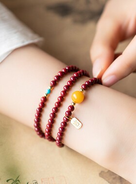 多宝朱砂女士佩戴仿紫砂手串小米珠红色手链多宝蜜蜡三圈叠戴手串