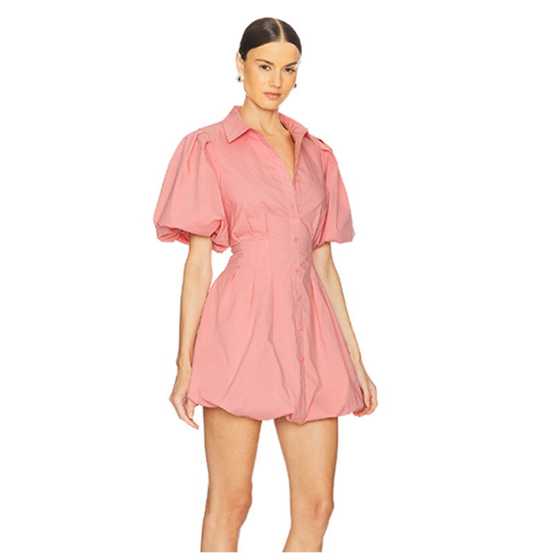 Winema晓雪 蜜桃 灯笼 连衣裙衬衫翻领收腰显瘦气质粉色裙子女夏,淘宝优惠券,粉丝福利购,淘宝优惠卷