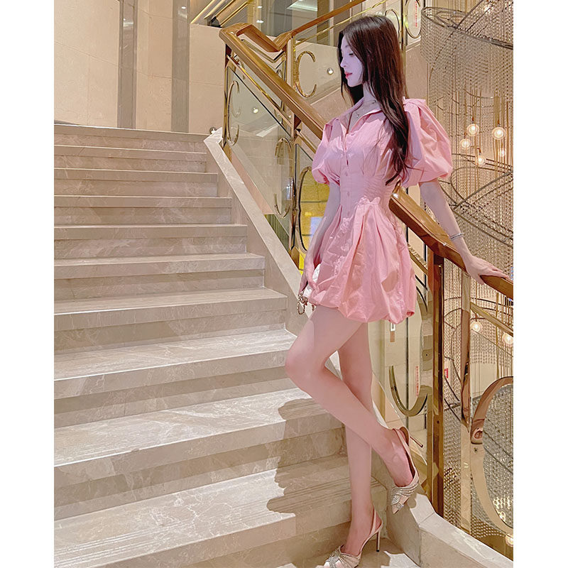 Winema晓雪 蜜桃 灯笼 连衣裙衬衫翻领收腰显瘦气质粉色裙子女夏,淘宝优惠券,粉丝福利购,淘宝优惠卷
