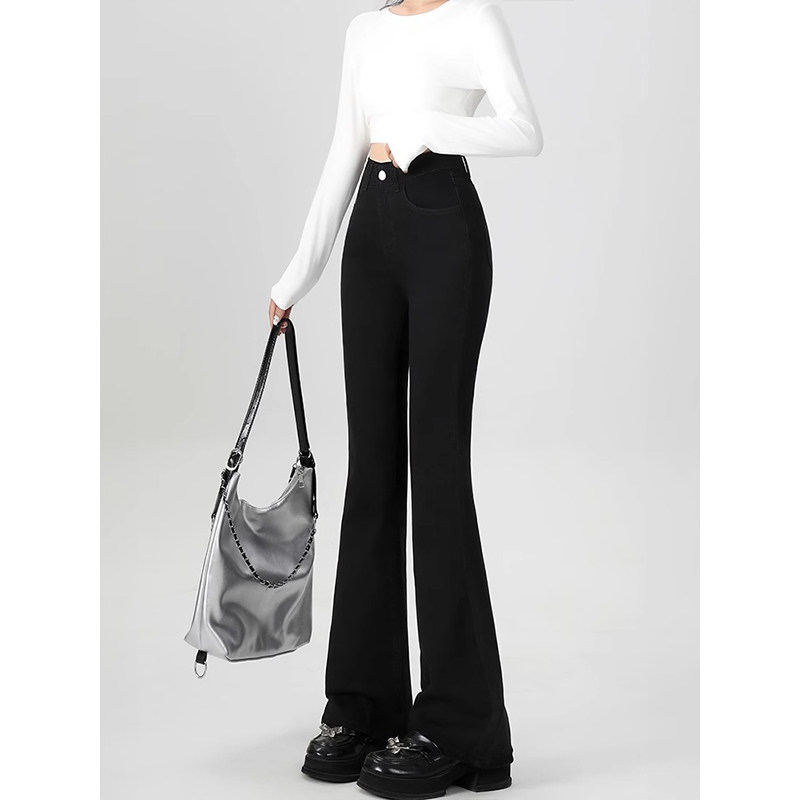 梨形身材穿搭大码黑色微喇牛仔裤女胖妹妹高腰mm修身弹力喇叭长裤,淘宝优惠券,粉丝福利购,淘宝优惠卷