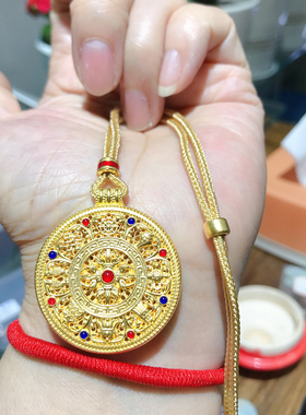 足银999纯银镀黄金珐琅彩八宝罗盘绳吊坠时尚国风首饰送女友