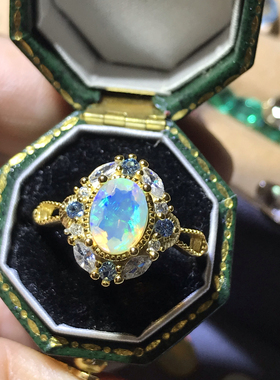 天然欧泊戒指欧泊风尚水晶彩色宝石天然裸石925银镀18K黄金