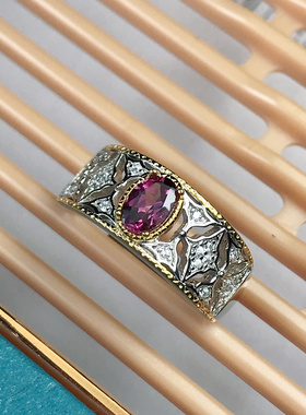 镁铝石榴石925纯银双色戒指低调奢华布契拉提风复古精致戒指活口