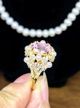 925银黄金色豪华风宝石粉钻戒指