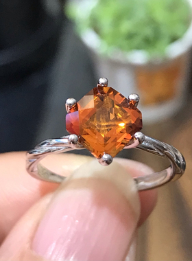 925银镀白金天然橙色黄水晶石戒指女小众设计感高级轻奢精致礼物