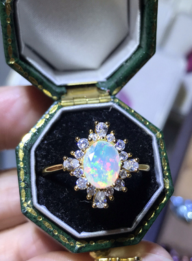 天然欧泊戒指女925银镀黄金镶嵌轻奢日韩日韩活口可调节