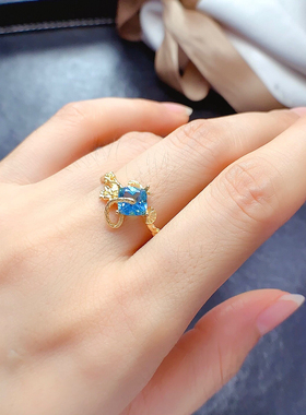 925银镀黄金镶嵌天然托帕石戒指款式新颖树藤款