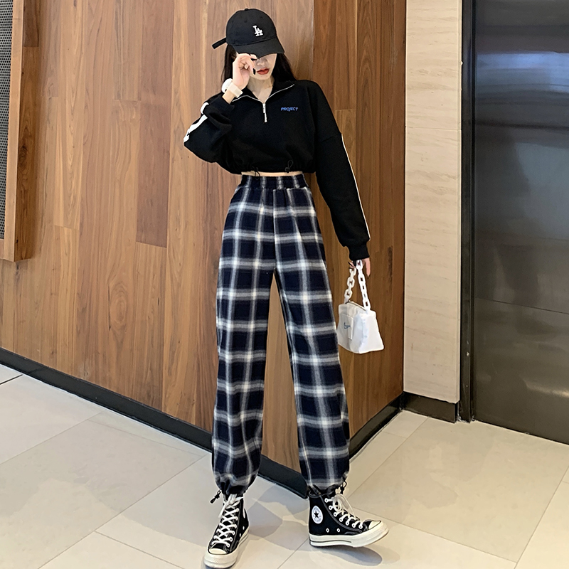 黑白格子裤宽松束脚秋冬季运动裤 优乐叮休闲裤