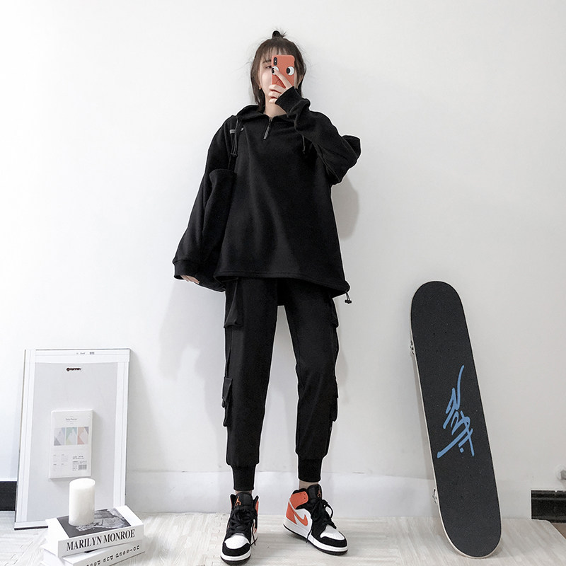 束脚工装裤女裤宽松bf黑色运动裤子 优乐叮休闲裤