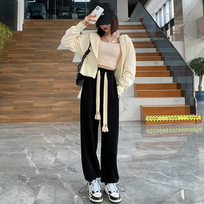 抽绳春秋季高腰宽松束脚慵懒卫裤 优乐叮休闲裤