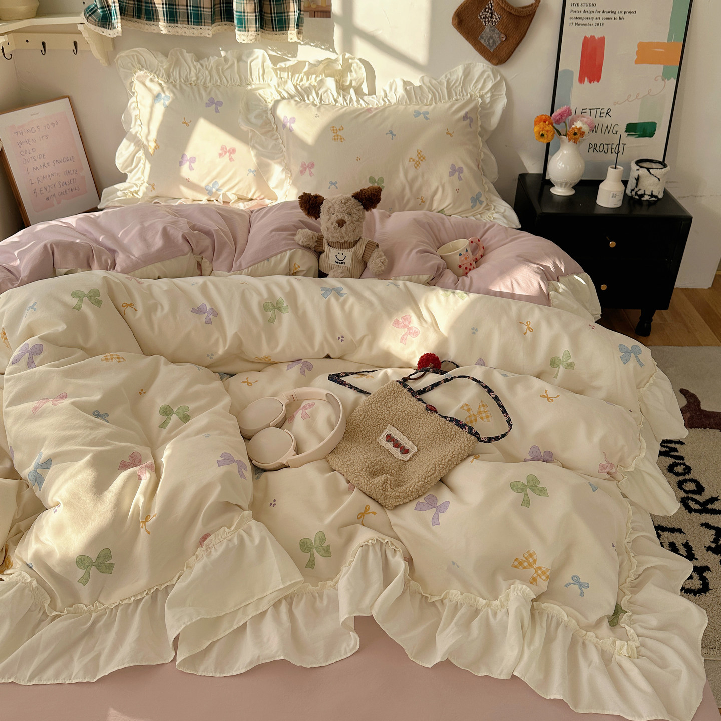 韩系小清新纯棉四件套蝴蝶结花边全棉ins被套床单床笠宿舍三件套4