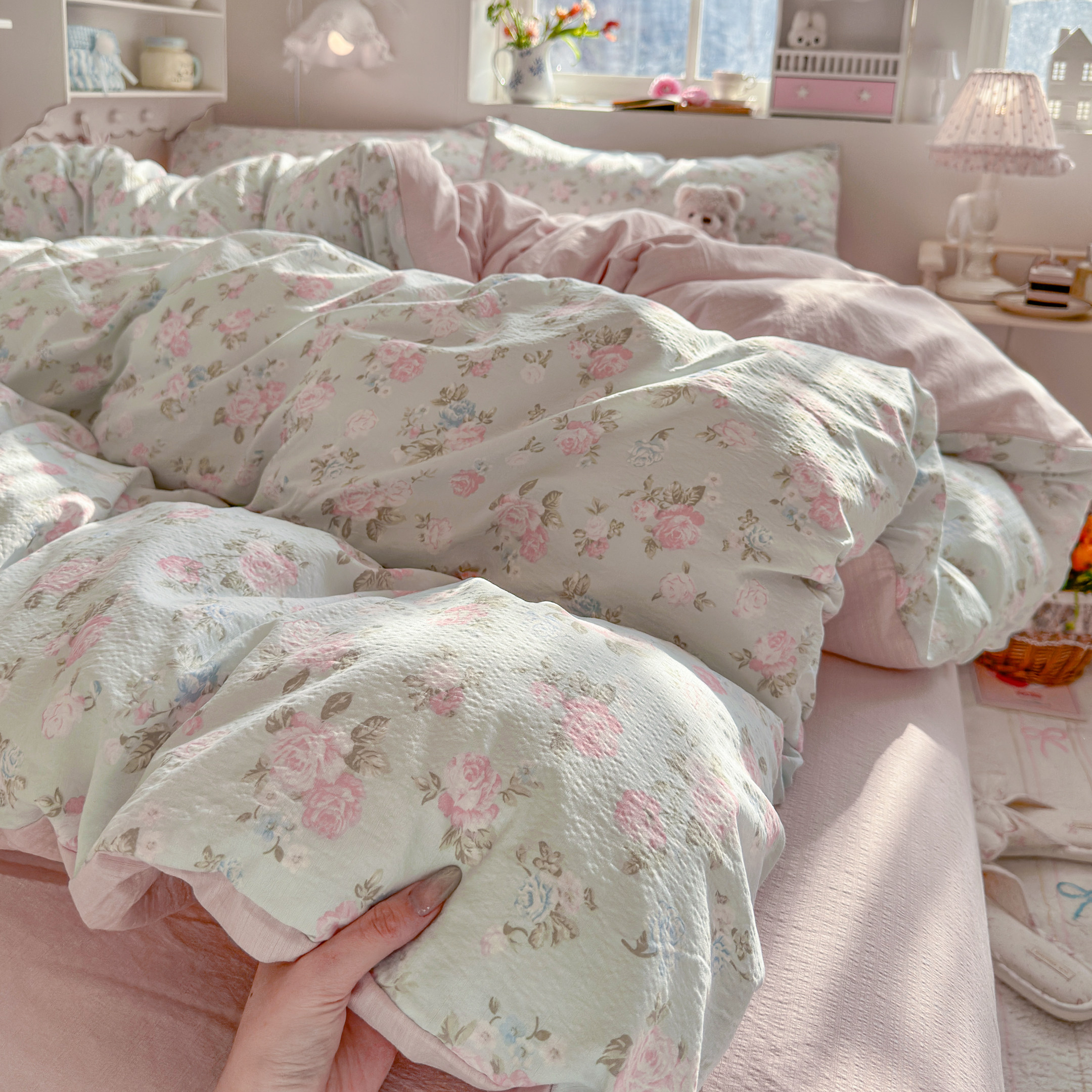 A类双层纱床上四件套纯棉全棉新款田园单件被套罩宿舍床单三件套4