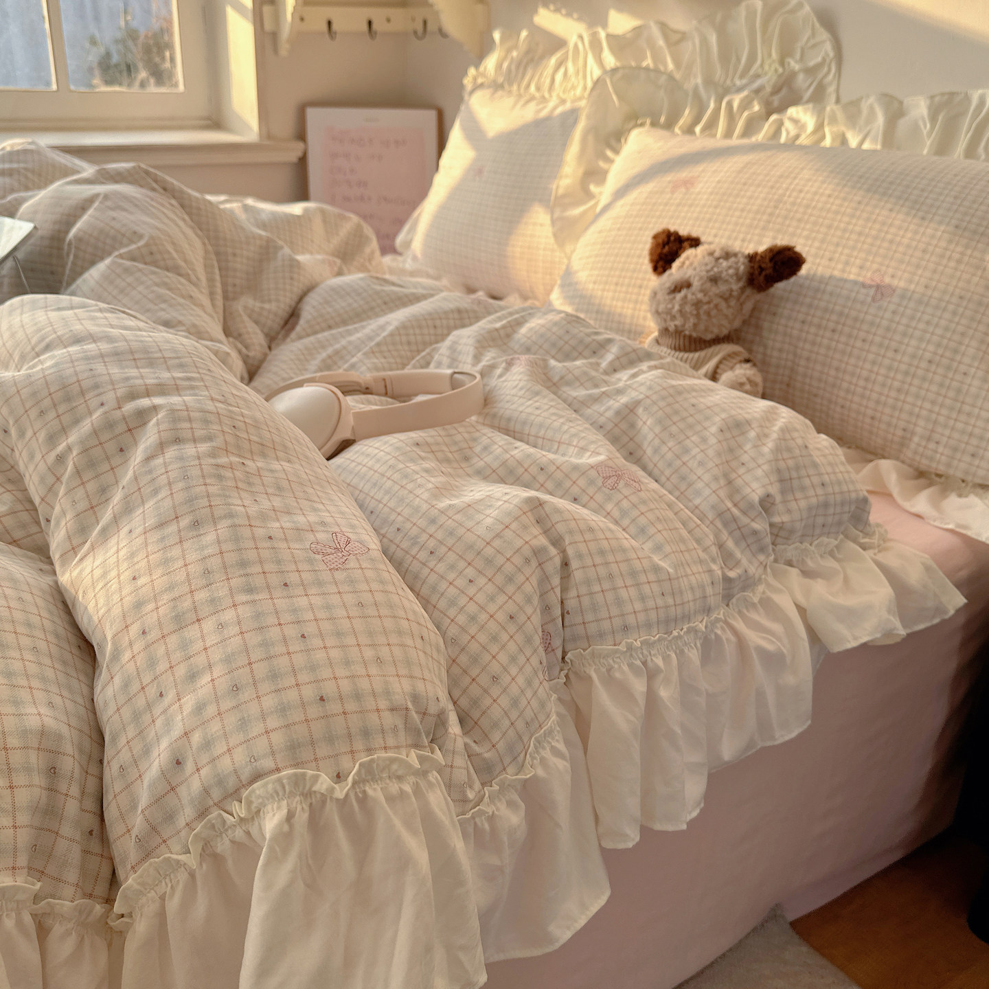 韩式格子纯棉四件套全棉被套床单少女风花边款学生宿舍床上三件套