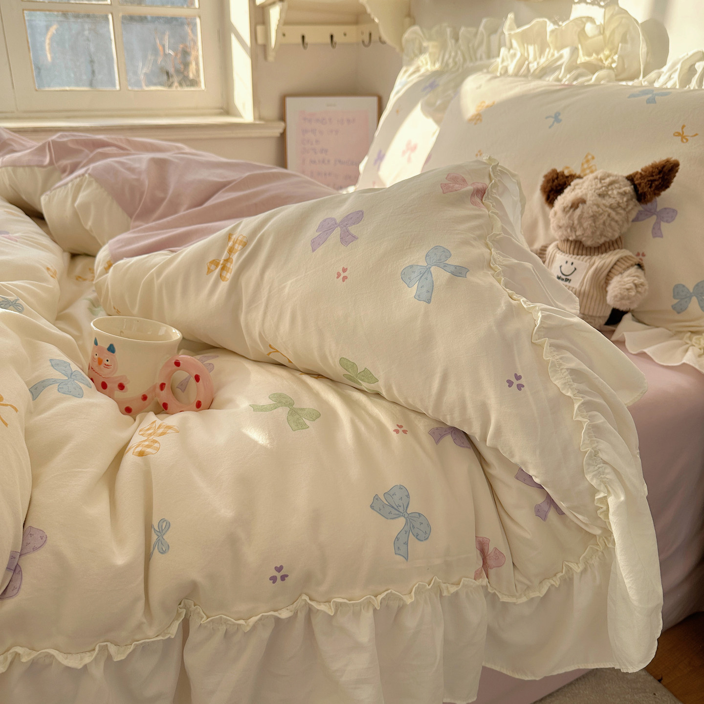 韩系小清新纯棉四件套蝴蝶结花边全棉ins被套床单床笠宿舍三件套4