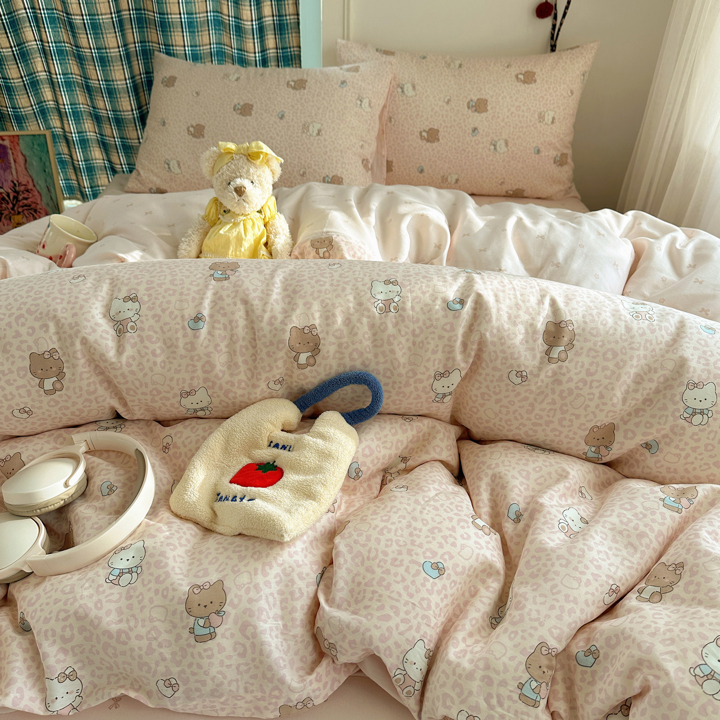 卡通KT猫纯棉床上四件套100全棉被套可爱儿童床品宿舍床单三件套4,淘宝优惠券,粉丝福利购,淘宝优惠卷