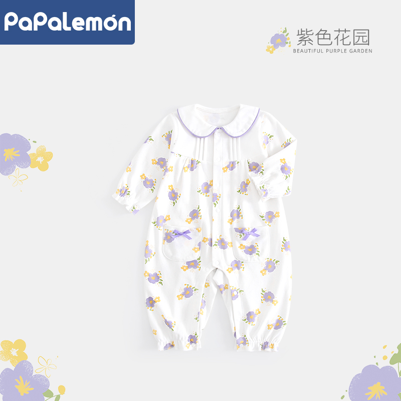 柠檬爬爬女宝宝连体衣春秋季纯棉婴儿衣服可爱外出小翻领哈衣春装 - 图0