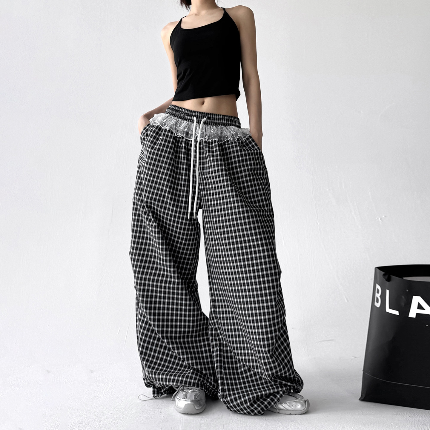 2025夏季新款女装格子裤女高腰显瘦宽松休闲裤百搭阔腿裤长裤子,淘宝优惠券,粉丝福利购,淘宝优惠卷