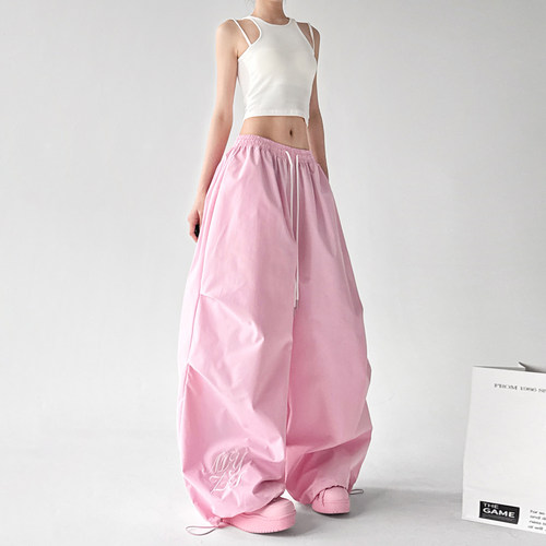 粉色跳舞百搭阔腿裤女2026春夏新款爵士显瘦褶皱阔腿休闲伞兵裤子 - 图1