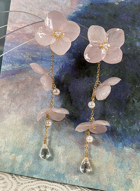 永生花粉色花瓣仙女耳环绣球花植物手工原创滴胶温柔系真花耳饰