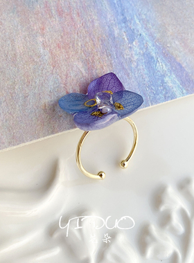 蓝紫色花瓣戒指女优雅森系小清新小众高级感气质真花永生花指环