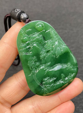 淑丽芙翡翠无事牌碧玉和田玉山水牌吊坠男女款菠菜绿玉石玉器挂件