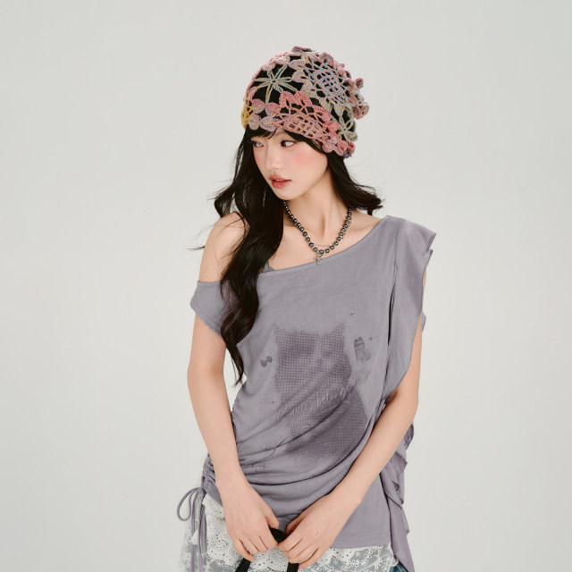 Girlyhalo American retro printed oblique shoulder ribbon short-sleeved T-shirt suit women's summer new drawstring slim top
