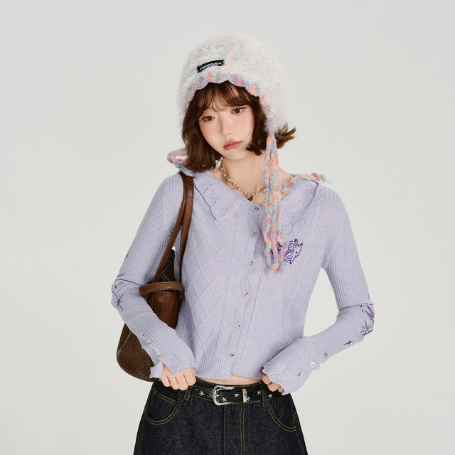 Girlyhalo American retro ອອກແບບ lapel knitted cardigan ສໍາລັບແມ່ຍິງດູໃບໄມ້ລົ່ນໃຫມ່ສັ້ນຫວານເຢັນເທິງ