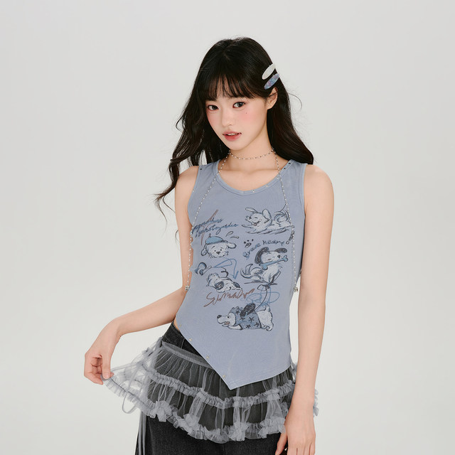 Girlyhalo American retro printed irregular camisole women's summer summer new slim outer sleeveless top