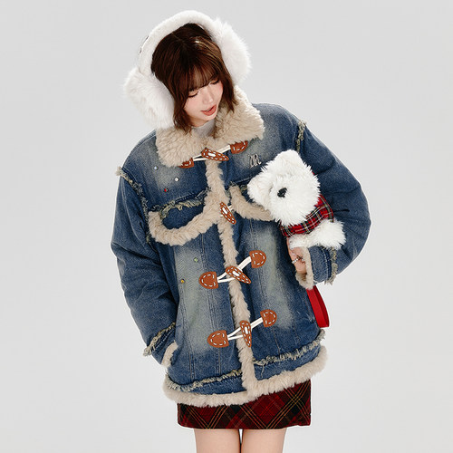 Girlyhalo美式复古毛绒拼接牛仔外套女秋冬新款宽松加厚水洗棉服 - 图2