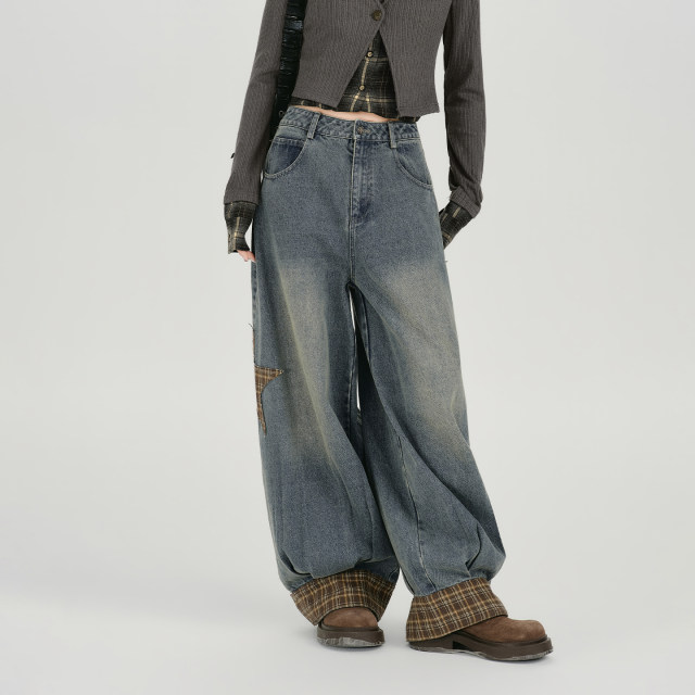 Girlyhalo American retro plaid splicing washed wide-leg jeans women's spring new trousers loose-leg straight