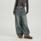 Girlyhalo American retro plaid splicing washed wide-leg jeans women's spring new trousers loose-leg straight