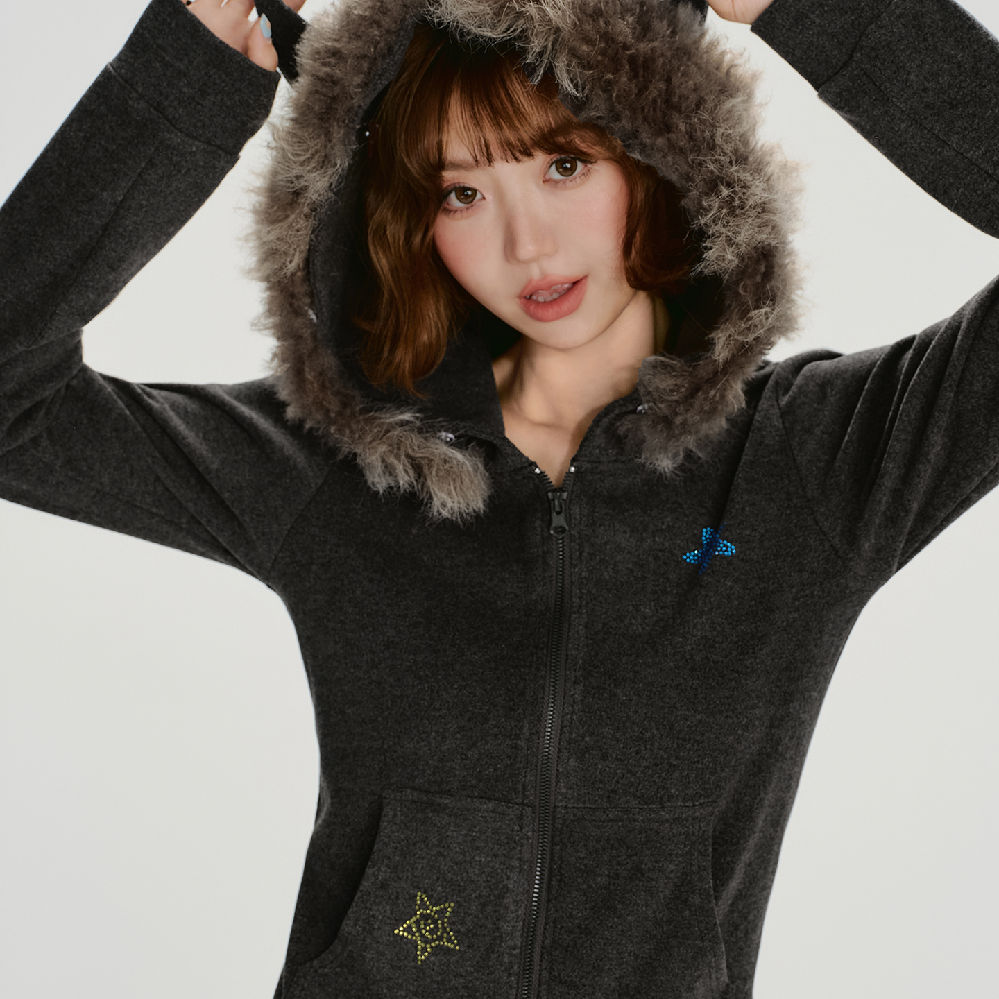 Girlyhalo美式复古毛领连帽卫衣外套女秋新款短款设计感修身上衣 - 图1