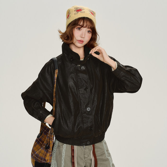 Girlyhalo American retro fur detachable collar textured jacketed ຫນັງ jacket ຂອງແມ່ຍິງດູໃບໄມ້ລົ່ນແລະລະດູຫນາວໃຫມ່ການອອກແບບເທິງ