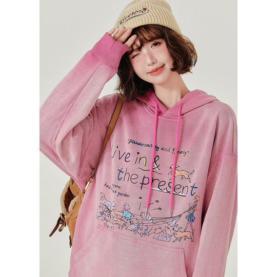 Sudadera con capucha retro americana para mujer otoño e invierno nuevo estilo más terciopelo