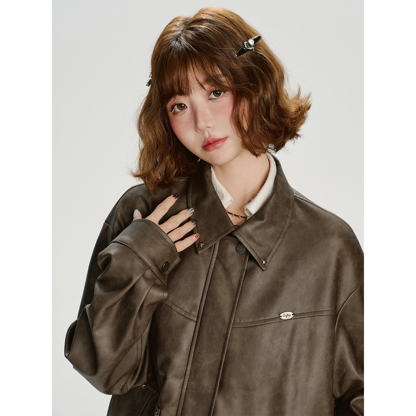 Girlyhalo美式复古翻领皮衣外套女秋季新款宽松休闲设计感上衣,淘宝优惠券,粉丝福利购,淘宝优惠卷