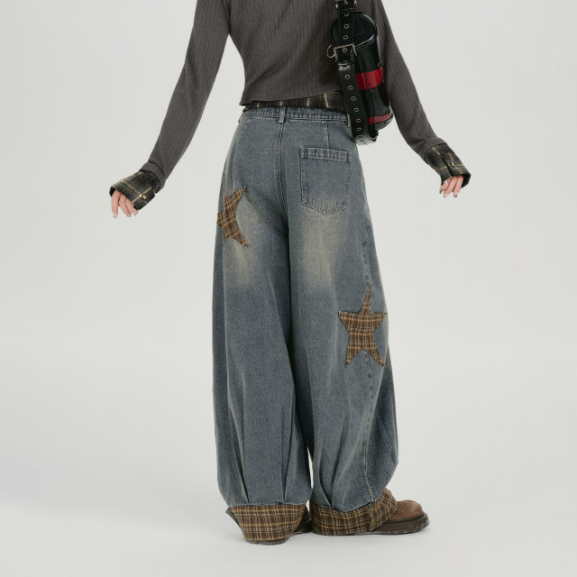 Girlyhalo American retro plaid splicing washed wide-leg jeans women's spring new trousers loose-leg straight