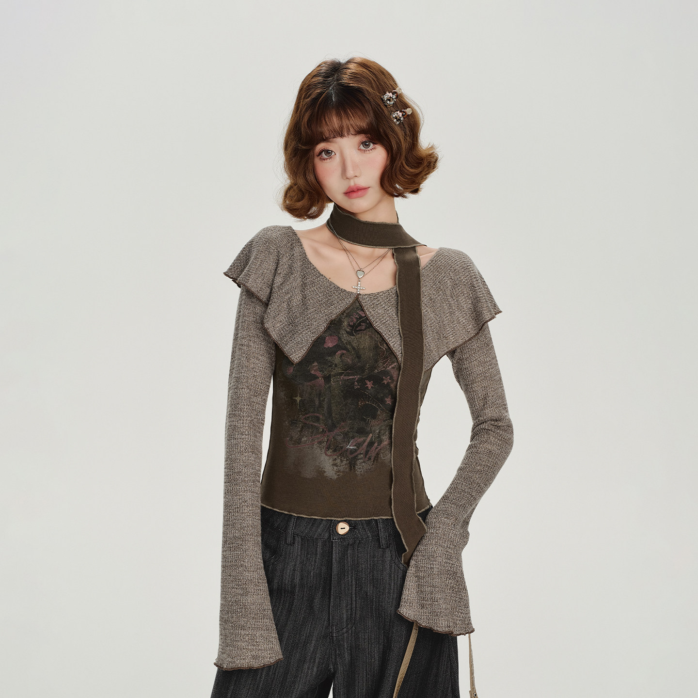 Girlyhalo美式复古印花大翻领长袖t恤女秋新款辣妹设计感修身上衣 - 图0