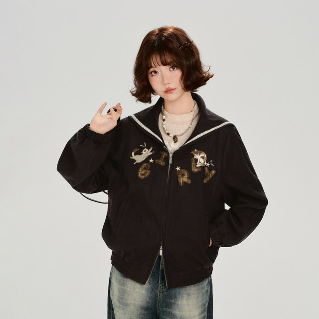Girlyhalo American retro embroidered navy collar jacket ແມ່ຍິງດູໃບໄມ້ລົ່ນແລະລະດູຫນາວໃຫມ່ zipper ວ່າງສອງດ້ານເທິງ