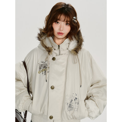 Girlyhalo美式复古印花毛领连帽白色短款棉服女冬季加厚保暖上衣 - 图2