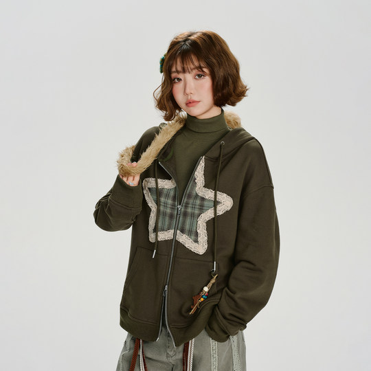 Girlyhalo美式复古花边连帽卫衣外套女秋季新款设计感宽松上衣