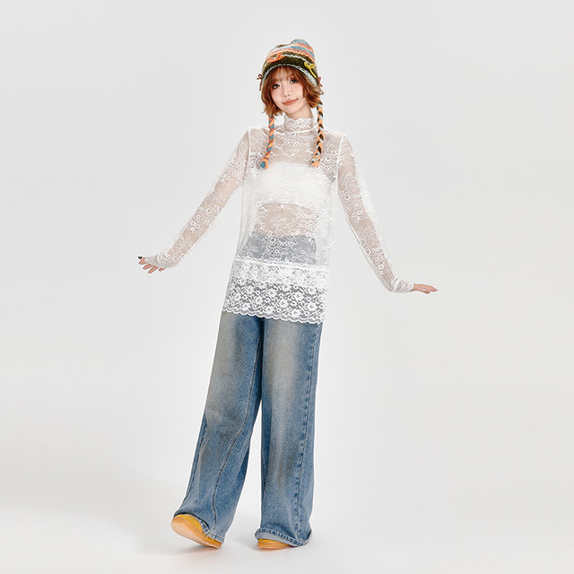 Girlyhalo American retro ສີຂາວຢືນຂຶ້ນຄໍຄໍ lace bottoming ເສື້ອຂອງແມ່ຍິງທີ່ວ່າງເລັກນ້ອຍມີຮອຍແສ່ວທີ່ມີຮູບແບບ hollow ເທິງ