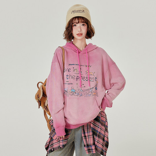 Sudadera con capucha retro americana para mujer otoño e invierno nuevo estilo más terciopelo